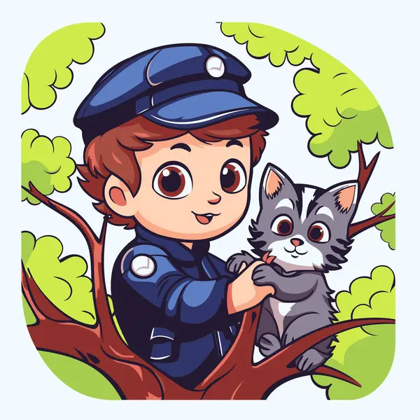 Aranyos Fiú Rendőregyenruhában Macskával Illusztrációján — Stock Vector