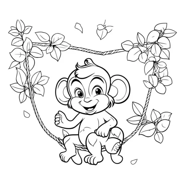 Niedliches Affenbaby Auf Einem Seil Sitzend Malbuch Für Kinder — Stockvektor