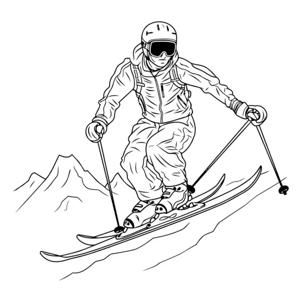 Кататься Лыжах Горнолыжный Спуск Черно Белая Векторная Иллюстрация — стоковый вектор