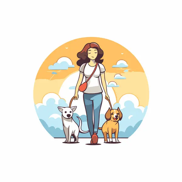 Mulher Passear Com Cães Parque Ilustração Vetorial Estilo Plano Ilustrações De Stock Royalty-Free