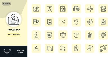 Yol Haritası etrafında tasarlanmış 24 Kalın Satır PIXEL mükemmel vektör simgesi seti, uygulamalar ve web sitelerinde sorunsuz entegrasyon için 128x128 çözünürlükte hazırlanmıştır.