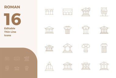 Roman için 16 İnce Hat PIXEL mükemmel vektör simgeleri. Kusursuz bütünleşme ve performans için 128x128 çözünürlükte tasarlandı..