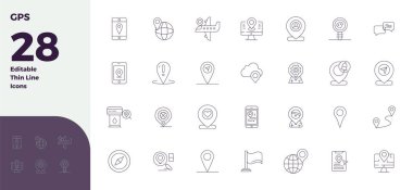 Gps için 28 İnce Çizgi vektör simgesinin özel koleksiyonu, 128x128 PIXEL mükemmel çözünürlükte geliştirilmiş premium marka deneyimleri için.