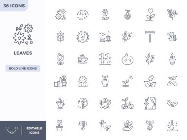 Yapraklar için 36 Heavy Line vektör simgesinin yüksek performanslı koleksiyonu, 128x128 PIXEL ideal kullanıcı arayüzü tasarımı için tasarlanmıştır.