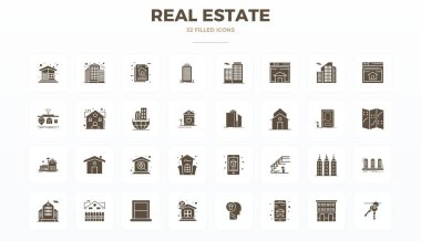 Dijital ürünler için mükemmel kalitede 128x128 PIXEL ile Emlak için tasarlanmış, Doldurulmuş Kabartmalı 32 vektör simgesinden oluşan dinamik bir set..