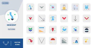 Descent için özenle düzenlenmiş 24 Düz vektör simgesi, tutarlı marka temsili ve kullanıcı deneyimi için 128x128 PIXEL mükemmel çözünürlüğe sahiptir.