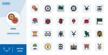 Asya için 24 Satır Dolu vektör simgesinin yer aldığı el yapımı koleksiyon, 128x128 PIXEL mükemmel çözünürlükte optimum dijital deneyimler için.