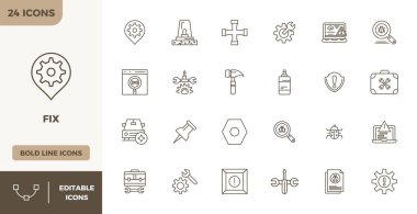 Tamir için tasarlanmış 24 adet hassas çizgi vektör simgesi, 128x128 PIXEL olağanüstü açıklık ve ölçeklenebilirlik için mükemmel çözünürlükte dizayn edilmiş..