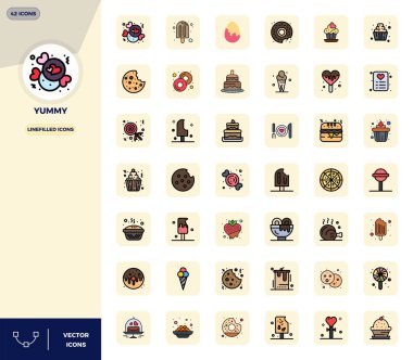 Yummy için 42 Satır Doldurulmuş vektör simgelerinden oluşan istisnai koleksiyon, 128x128 PIXEL mükemmel çözünürlük ve benzersiz görsel mükemmellik için.