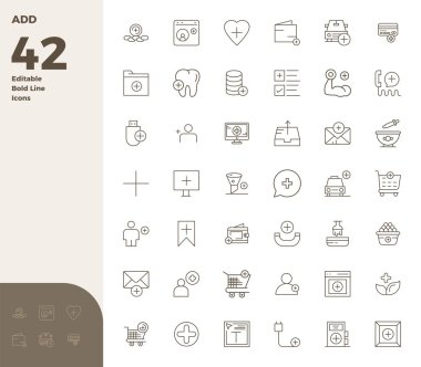 42 Kalın Çizgi PIXEL mükemmel vektör simgelerinden oluşan bir set Ekle, 128x128 çözünürlükte tasarlanmış uygulamalar ve web sitelerinde kusursuz bütünleşme için.
