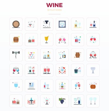 Modern uygulama geliştirme için 128x128 PIXEL mükemmel çözünürlüğe sahip, Minimal Düz Estetik Şarap temsil eden 36 vektör ikonu modern koleksiyonu.