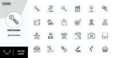 24 PIXEL mükemmel vektör simgelerinden oluşan devrim seti mekanikten esinlenilmiştir, Bold Line biçiminde 128x128 çözünürlükte son teknoloji tasarım için yaratılmıştır..