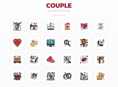 Modern gösterge panelleri ve arayüzler için 128x128 PIXEL biçiminde tasarlanmış 24 Doğrusal Dolgu vektör simgesinden oluşan temiz bir koleksiyon.