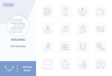 Holding için 16 İnce Hat vektör simgesinden oluşan kaliteli koleksiyon, 128x128 PIXEL mükemmel çözünürlükte tasarlandı..