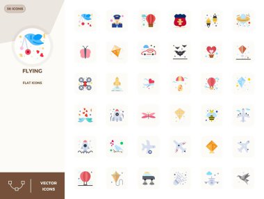 Düşünceli bir şekilde tasarlanmış 36 vektör simgesi Flying etrafında temalı, 128x128 PIXEL modern tasarım gereksinimleri için mükemmel hassasiyetle Düz olarak üretilmiş.
