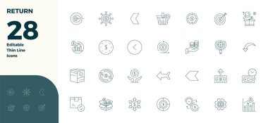 Dönüş için 28 İnce Satır vektör simgesi içeren rafine paket, 128x128 PIXEL mükemmel kalitede zarif ve işlevsel tasarım çözümleri ile optimize edilmiştir.