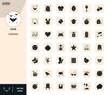 Sevimli için doldurulmuş 42 vektör simgesinden oluşan yüksek performanslı koleksiyon, 128x128 PIXEL ideal kullanıcı arayüzü tasarımı için tasarlandı.