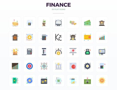 Modern uygulama geliştirme için 128x128 PIXEL kusursuz çözünürlüğe sahip, yassı estetik finans temsil eden 35 vektör ikonu modern koleksiyonu.