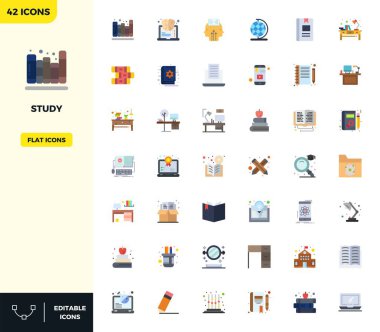 Çalışmayı temsil eden 42 Düz Renk vektör simgesinden oluşan temiz bir koleksiyon, 128x128 PIXEL modern gösterge panelleri ve arayüzler için mükemmel format.