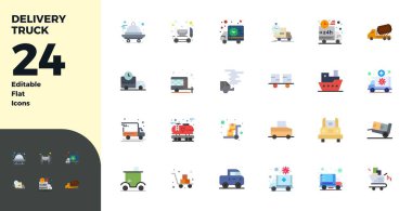 Teslimat kamyonu için 24 Düz vektör simgesinin özel koleksiyonu, 128x128 PIXEL mükemmel çözünürlükte geliştirilmiş premium marka deneyimleri için.