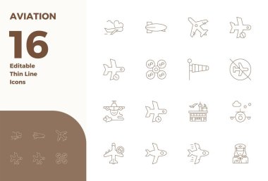 Havacılık etrafında temalı 16 vektör simgesinden oluşan yenilikçi paket, modern dijital çözümler için 128x128 PIXEL mükemmel formatında İnce Çizgi tasarımı sergiliyor.