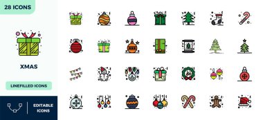 28 Doğrusal Renk Dolu PIXEL mükemmel vektör simgelerinin kilidini aç, Xmas 'tan esinlenilmiş, tüm aygıtlar boyunca kusursuz görüntü için 128x128 biçiminde.