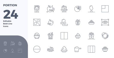 Porsiyon etrafında 24 vektör simgesinden oluşan kapsamlı araç gereç kiti, Bold Line 'da 128x128 PIXEL mükemmel bir hassasiyetle çok yönlü tasarım uygulamaları için geliştirildi.