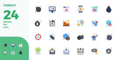 Düz estetik olarak tehdidi temsil eden 24 vektör simgesinin nihai koleksiyonu, 128x128 PIXEL ile optimize edilmiş azami etki için mükemmel çözünürlük.