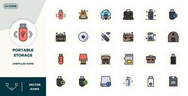 Taşınabilir Depo çevresinde 24 vektör simgesinden oluşan yenilikçi paket, modern dijital çözümler için 128x128 PIXEL mükemmel biçiminde Satır Doldurulmuş tasarımı sergiliyor.
