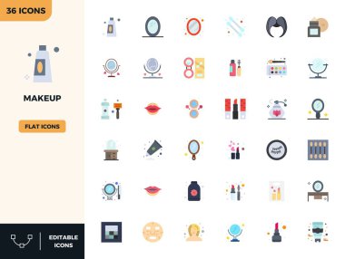 Düz Renkli Estetik Makyaj için 36 vektör simgesi, 128x128 PIXEL mükemmel çözünürlük kusursuz kullanıcı deneyimleri için.