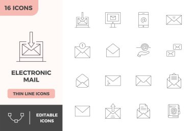 Elektronik Mail 'den esinlenilmiş 16 Minimal Line PIXEL mükemmel simgesine sahip vektör paketi, ölçeklenebilir ve yaratıcı tasarım çalışmaları için ideal 128x128 çözünürlükte sunulmuştur.