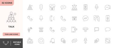 128x128 PIXEL fevkalade görsel kalite için mükemmel çözünürlüğe sahip Minimal Satır tasarımında Konuşma 'yı temsil eden 32 vektör simgesi oluşturuldu.