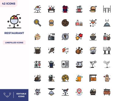 Restoran için 42 Düz Çizgili Renk vektör simgesinin özel koleksiyonu, 128x128 PIXEL ile geliştirilmiş premium marka deneyimleri için mükemmel çözünürlük.