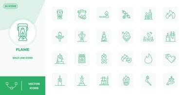 24 Güçlü Hat PIXEL mükemmel vektör simgesinden oluşan çok yönlü bir set Flame 'e odaklanmış, mobil ve web uygulamaları için ideal 128x128 formatında iletilir..