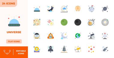 PIXEL mükemmel 128x128 çözünürlük profesyonel ve yaratıcı projeler için uygun, evren için tasarlanmış 24 ölçeklenebilir Düz Renk vektör simgesi indir.