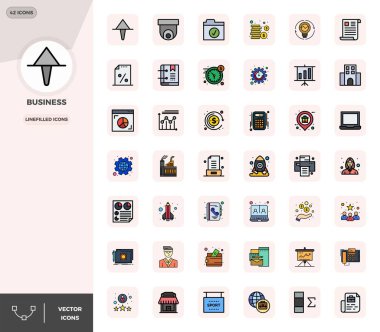 İş çevresinde temalı 42 Satır İçi Dolu PIXEL mükemmel vektör simgeleri seti, uygulamalar ve web sitelerinde kusursuz entegrasyon için 128x128 çözünürlükte hazırlanmıştır.