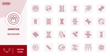 Genetikten esinlenilmiş 24 PIXEL mükemmel vektör simgesinden oluşan devrimci set, son teknoloji tasarım için Bold Line biçiminde oluşturuldu..