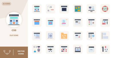 Bu 24 Düz vektör simgesi seti Css temalarını 128x128 PIXEL mükemmel kalite, teknoloji ve iş uygulamaları için mükemmel kalitede yakalar.