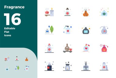 Sanat eseri tasarlanmış 16 yassı PIXEL parfüm için mükemmel vektör simgeleri, tutarlı görsel mükemmellik için 128x128 biçiminde sunulmuştur..