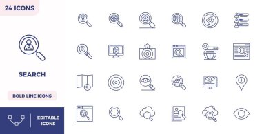 Ağır Çizgi Biçiminde Arama 'yı temsil eden 24 vektör simgesinin yer aldığı stratejik paket, profesyonel iş akışları için mükemmel kalitede 128x128 PIXEL ile optimize edildi.