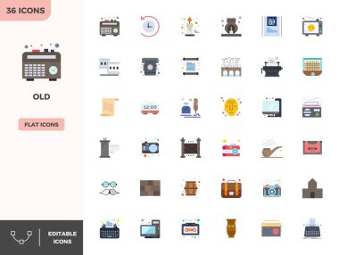 Eski temalı 36 vektör simgesinden oluşan kapsamlı araç gereç seti, Düz Renk ile geliştirilmiş, 128 PIXEL mükemmel bir hassasiyet çok yönlü tasarım uygulamaları için.