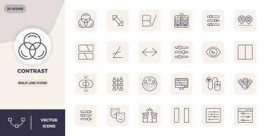 Karşıtlık etrafında 24 vektör simgesinden oluşan yenilikçi paket, modern dijital çözümler için 128x128 PIXEL mükemmel biçiminde Bold Line tasarımı sergileniyor.
