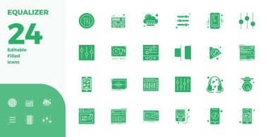 Equalizer 'ı temsil eden 24 Glyph doldurulmuş vektör simgesinin profesyonel sınıf koleksiyonu, 128x128 PIXEL mükemmel bir duyarlılıkla tasarlanmıştır..