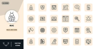 Bug çevresindeki 24 Kalın Çizgi PIXEL mükemmel vektör simgesi seti, uygulamalar ve web sitelerinde kusursuz entegrasyon için 128x128 çözünürlükte hazırlanmıştır.