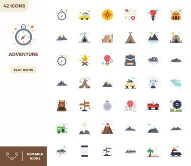 Düz Renk dizaynında 428x128 vektör ikonundan oluşan küratörlü paket, PIXEL mükemmel berraklığa sahip Macera kavramları etrafında merkezlenmiştir..