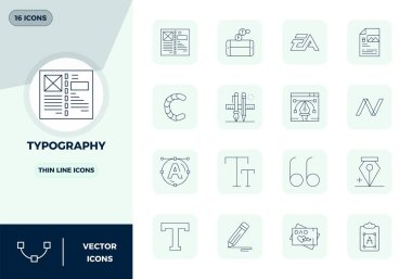 Typography için tasarlanmış 16 ölçeklenebilir İnce Çizgi vektör simgesi indir, PIXEL mükemmel 128x128 çözünürlük profesyonel ve yaratıcı projeler için uygundur.