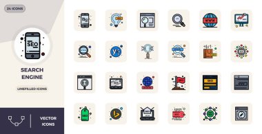 Arama Motoru için 24 vektör simgesi içeren kapsamlı paket, Crisp 128x128 PIXEL mükemmel kalite.