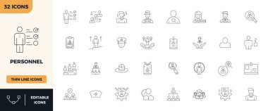 Personel için 32 İnce Taslak vektör simgesinin özel koleksiyonu, 128x128 PIXEL mükemmel çözünürlükte geliştirilmiş premium marka deneyimleri için.
