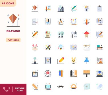 Düz Renk tasarımı ile çizimi temsil eden 42 vektör simgesi oluşturuldu, fevkalade görsel kalite için 128x128 PIXEL mükemmel çözünürlük.