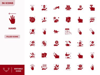 Çağdaş tasarım gereksinimleri için kusursuz bir hassasiyetle 128x128 PIXEL ile doldurulmuş El temalı 36 vektör simgesi özenle tasarlandı..